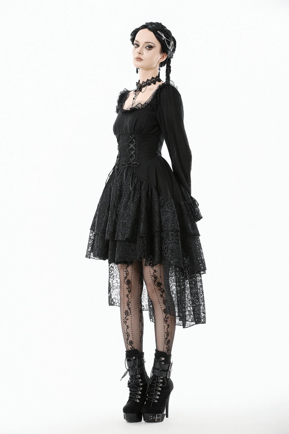 Black lace gothic dress profile view - Victorian corset silhouette with bell sleeves and layered hem