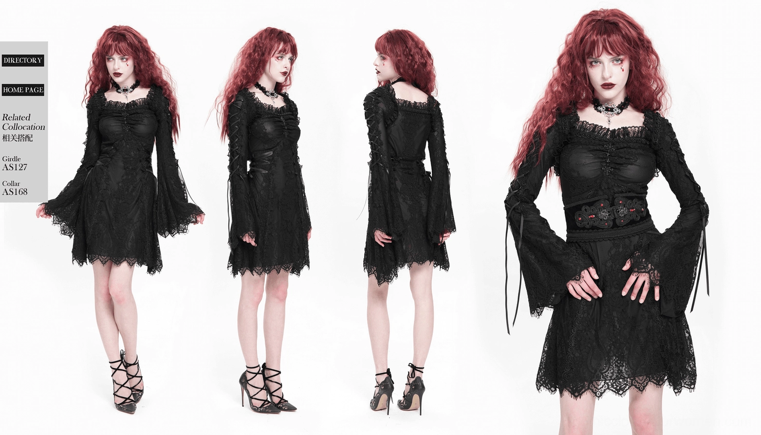Black lace gothic mini dress highlighting lace-up side details and romantic scalloped hem