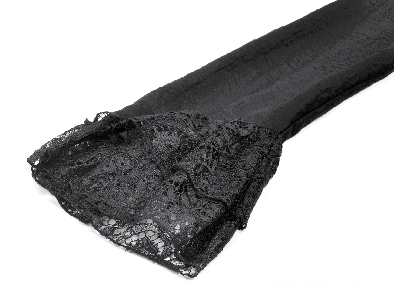 Black lace gothic corset dress sleeve detail - bell sleeve with flared lace cuff Victorian design
