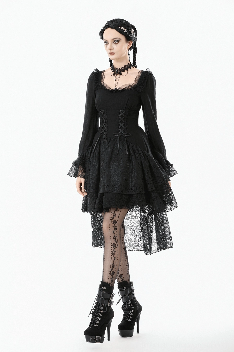 Black lace gothic dress three-quarter angle view - full silhouette showing corset bodice and hi-lo hem