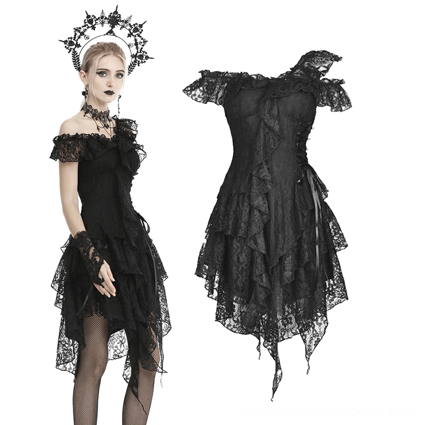 Black lace gothic dress with matching lace gloves flat lay and medium shot on model