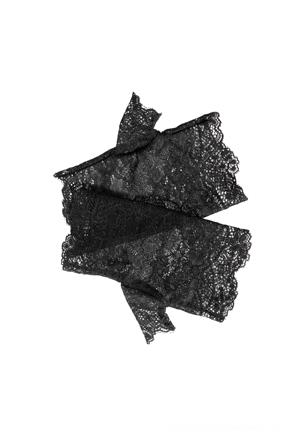 Oblique flat lay view of black lace gothic gloves showing folded design and intricate floral lace pattern detail