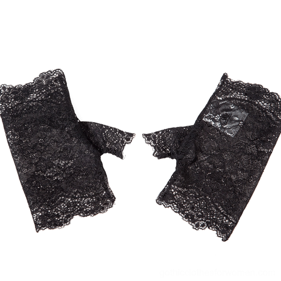Black lace fingerless gloves flat lay front view, featuring delicate scalloped lace edges and decorative floral pattern