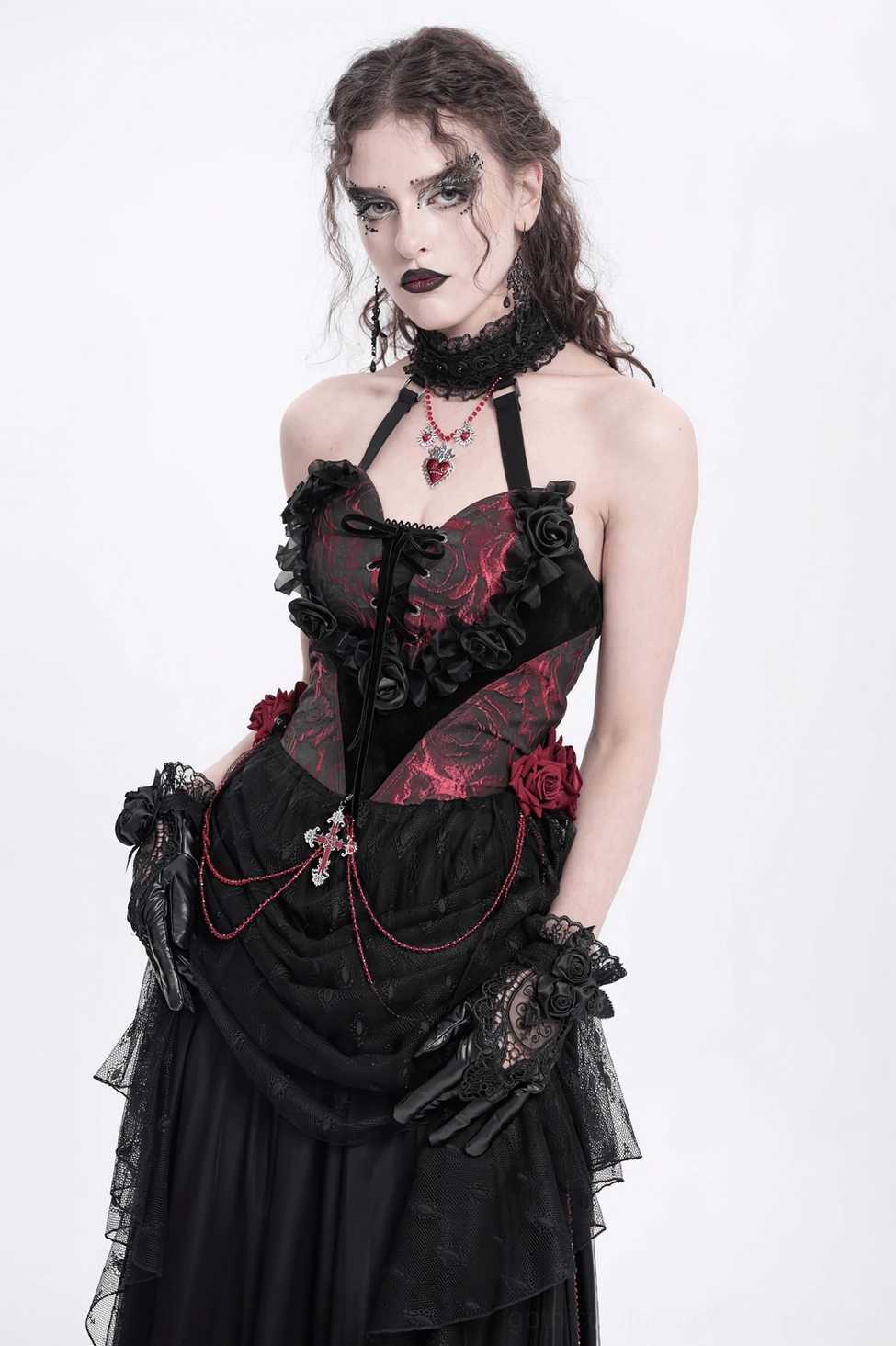 Black lace satin rose gothic gloves texture and material quality close-up