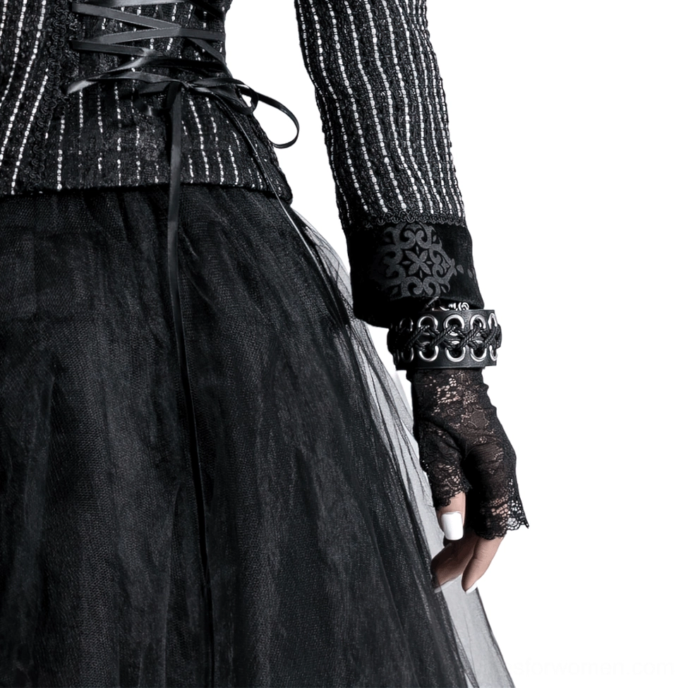 Black lace fingerless gothic gloves worn with Victorian-inspired fashion outfit, side close-up view showcasing delicate floral lace pattern