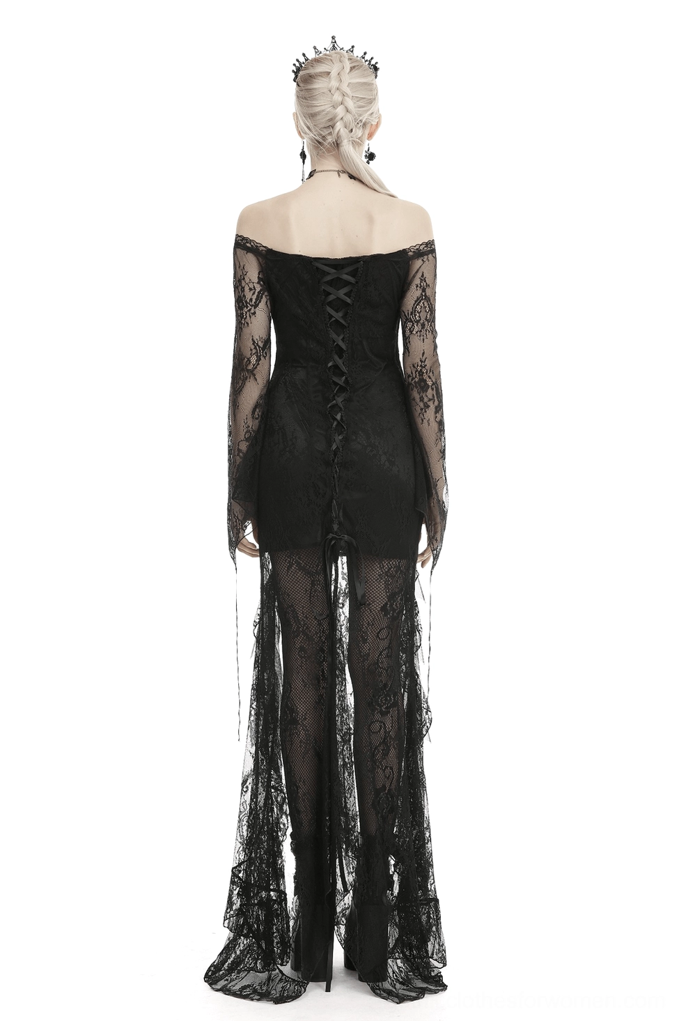 Gothic black lace evening dress back view showing lace-up closure and floor-length sheer skirt