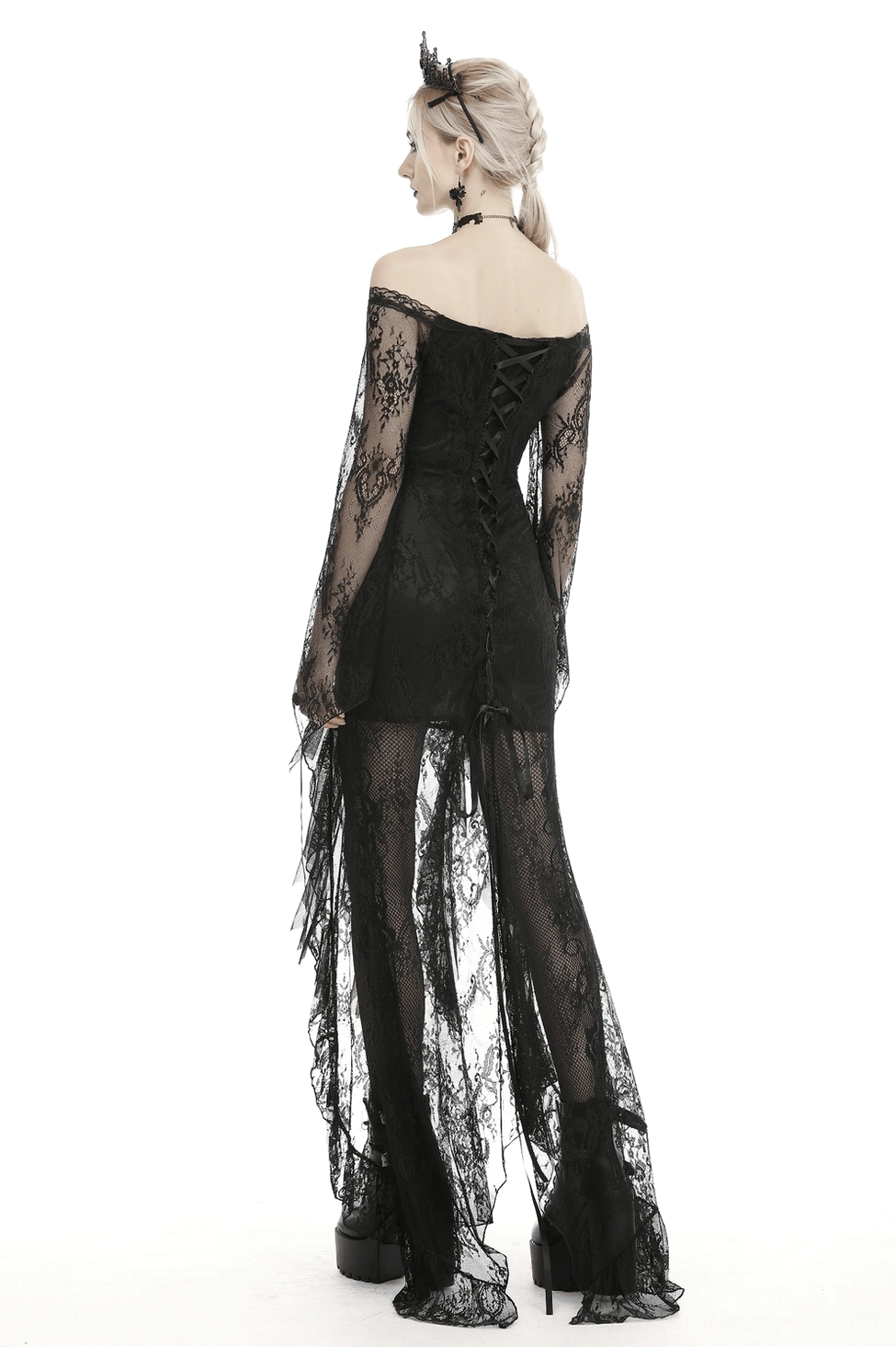 Black lace gothic evening gown styled as elegant formal wear with dramatic presence