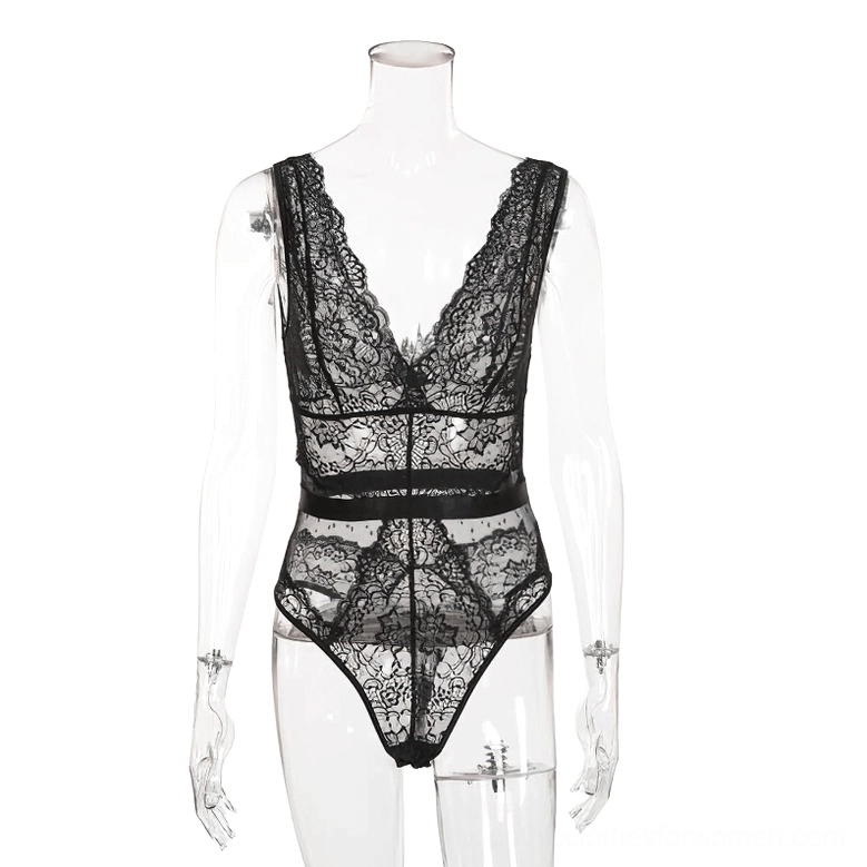 Black lace jumpsuit on clear display mannequin, front view showing double satin waist band and sheer lace design