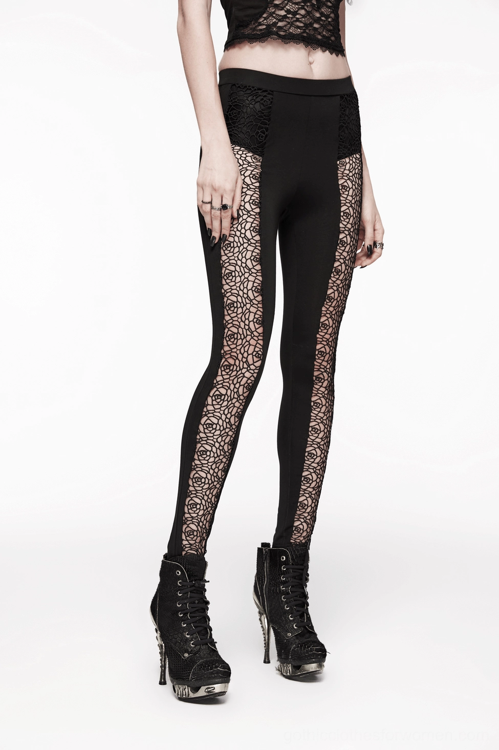 Black lace gothic leggings alternate angle front view full length