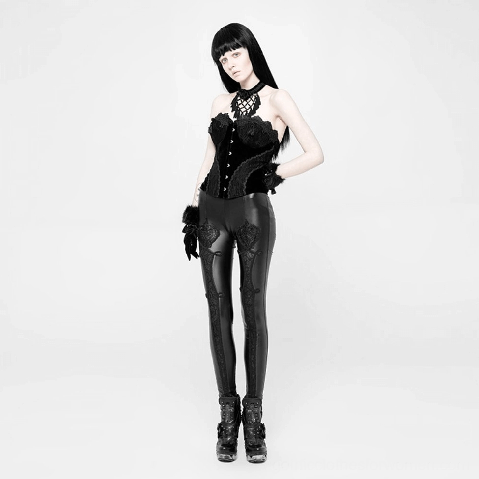 Black lace faux leather gothic leggings product showcase with multiple styling views