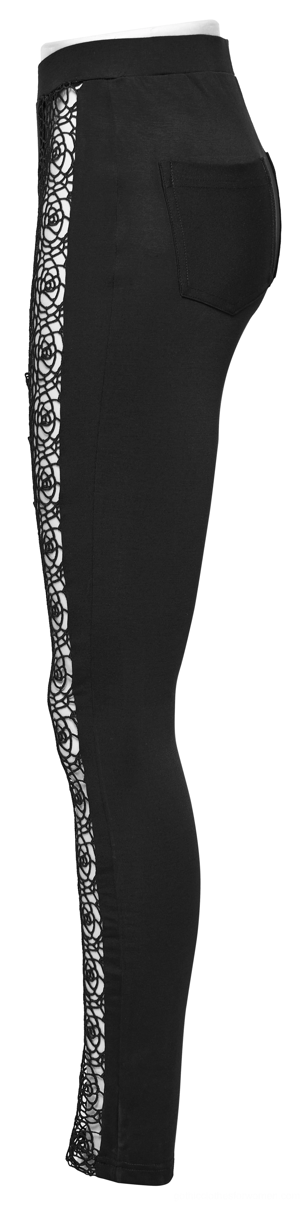 Black lace gothic leggings side view with single lace stripe and back pocket