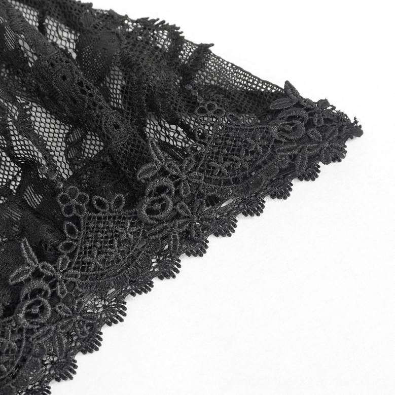 Black lace gothic two-piece lingerie set alternative fashion styling with strappy design and gothic aesthetic elements