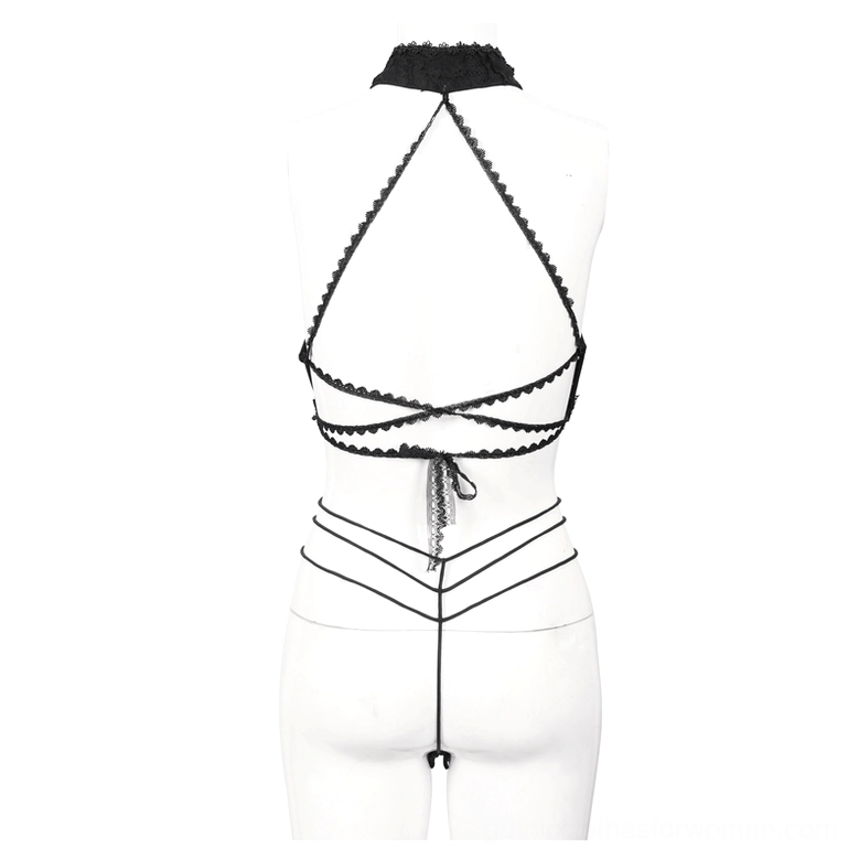 Black lace gothic two-piece lingerie set rear view on mannequin highlighting adjustable crisscross back design