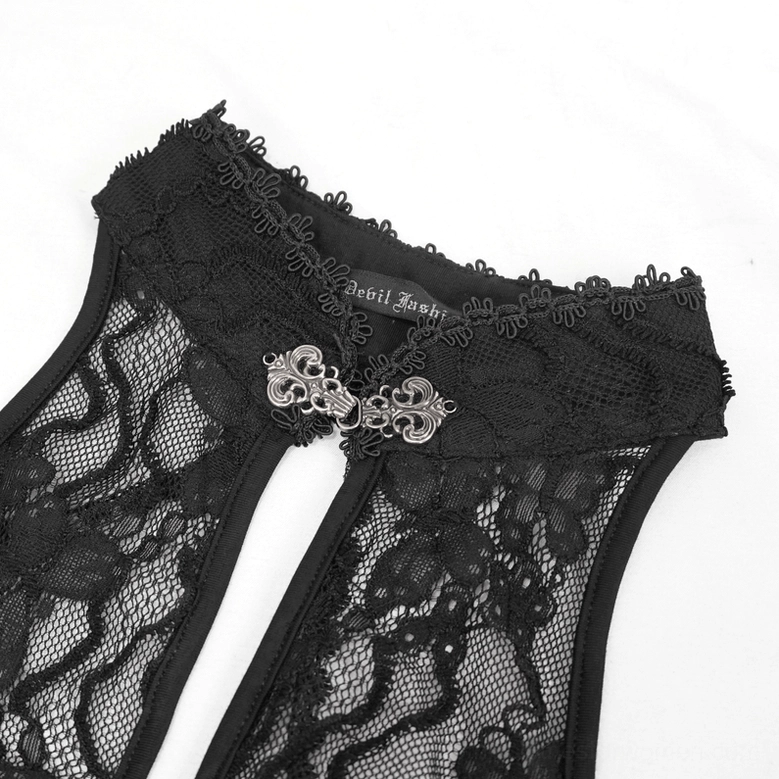 Black lace gothic two-piece lingerie set full front display showing beaded accents and transparent lace fabrication details