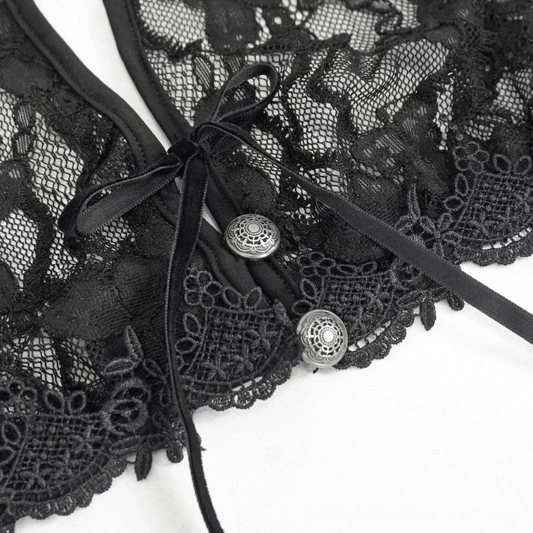 Black lace gothic two-piece lingerie set close-up showcasing intricate lace pattern and elastic construction quality