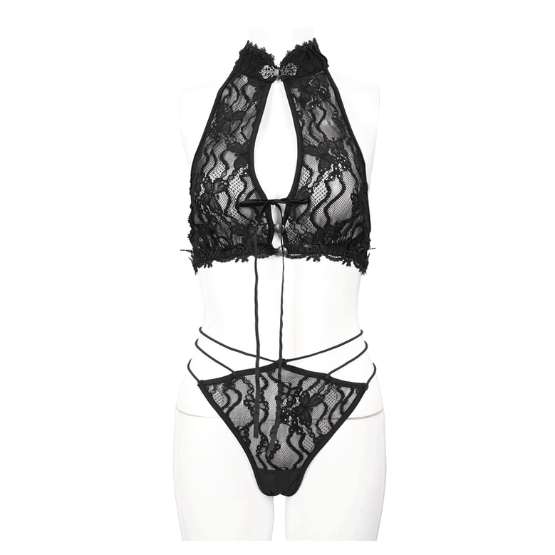 Black lace gothic two-piece lingerie set on mannequin displaying decorative neck buckle and tie-front closure detail