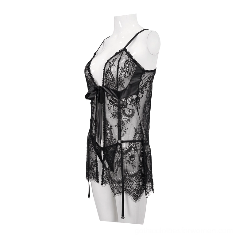 Black lace gothic chemise lingerie left side view showing adjustable spaghetti straps