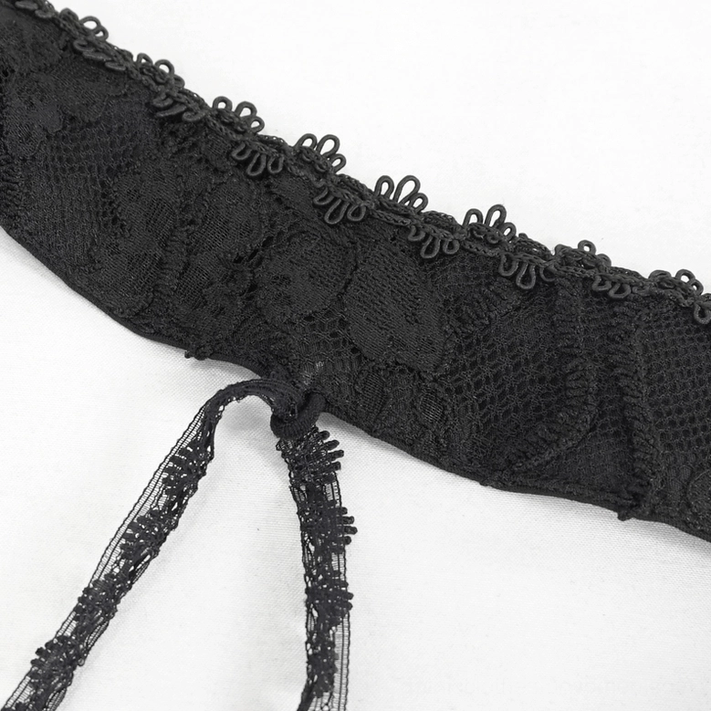 Black lace gothic two-piece lingerie set size and fit reference showing proportional coverage and design silhouette