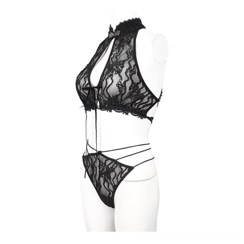Black lace gothic two-piece lingerie set three-quarter front view on mannequin with high halter neck and waist straps