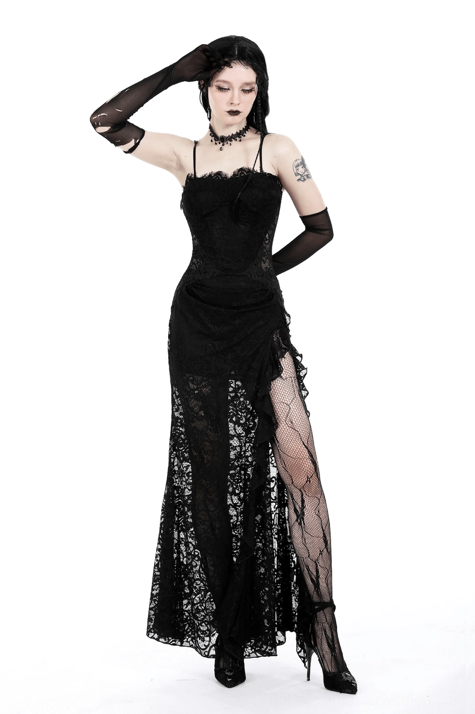 Black lace gothic maxi dress featuring model in alternative styling with gothic aesthetic