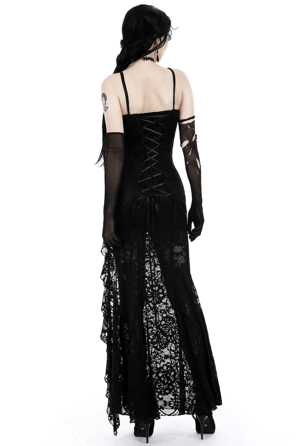 Black lace gothic maxi dress back view showing corset lace-up closure and floor-length silhouette