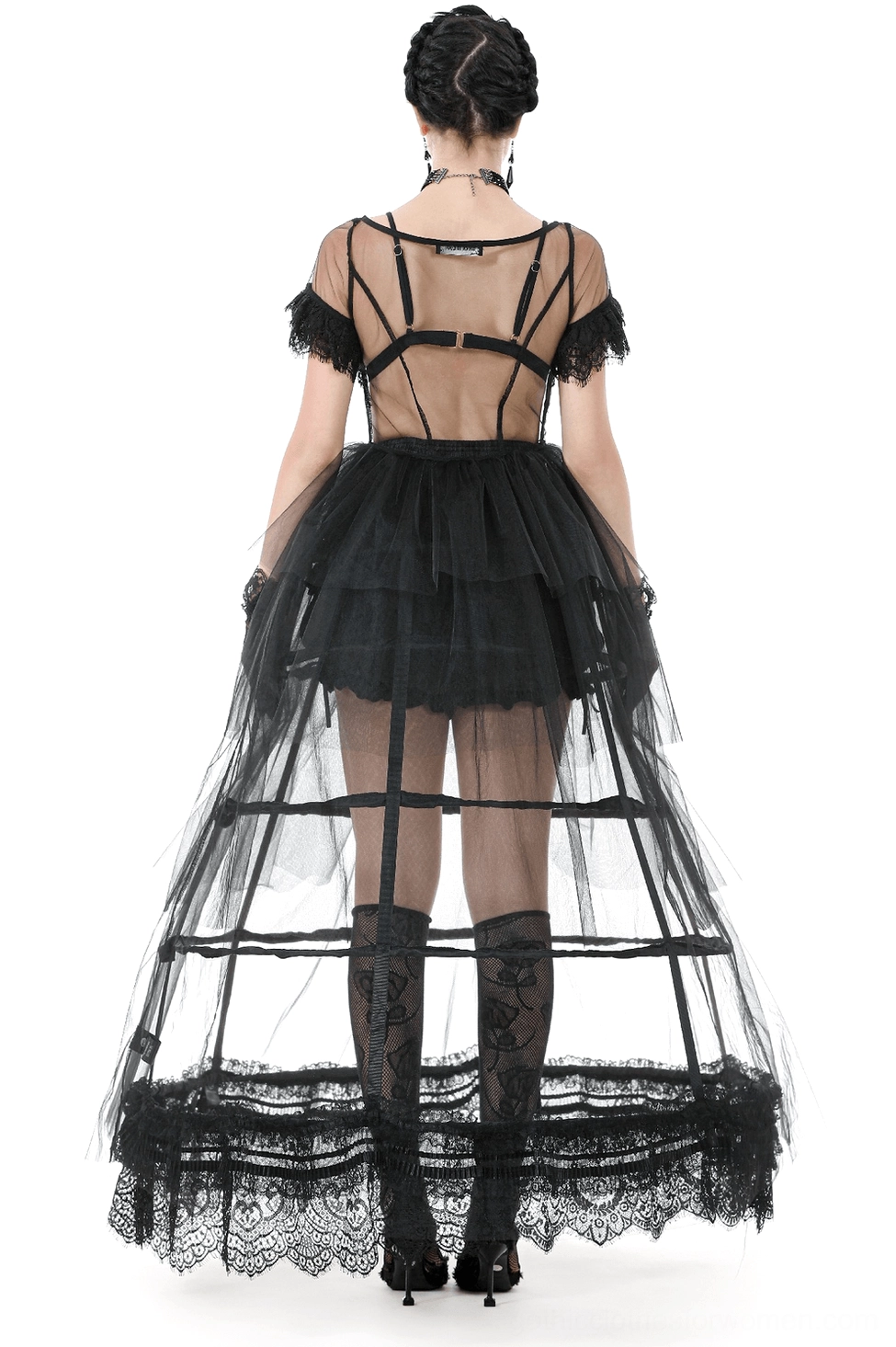 Black gothic dress back view displaying sheer cutout panel and strappy back design with layered tulle