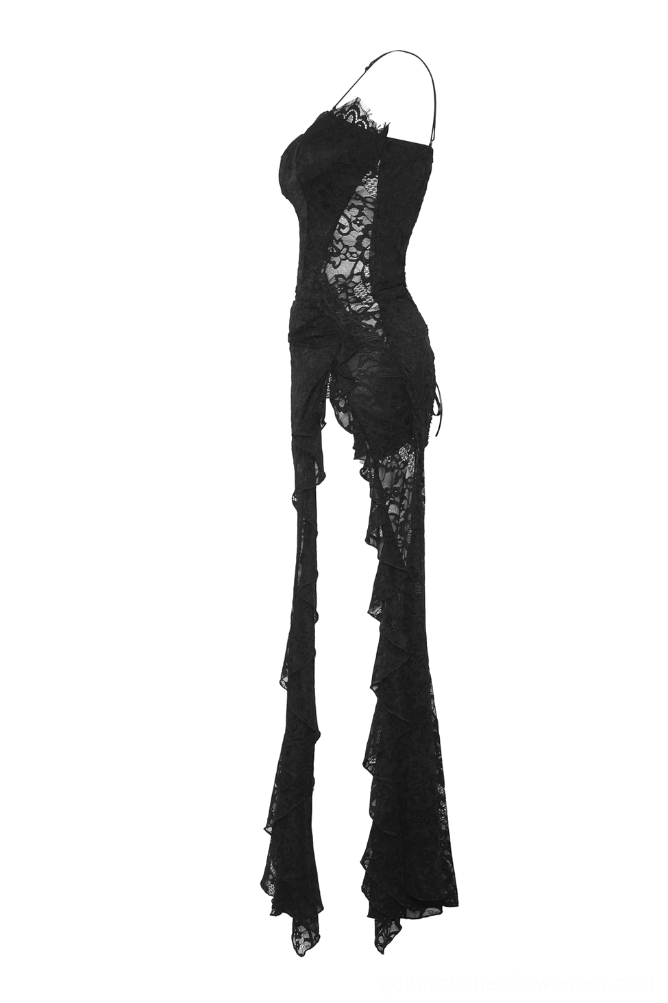 Black lace gothic maxi dress flat lay angled side view showing asymmetrical design details