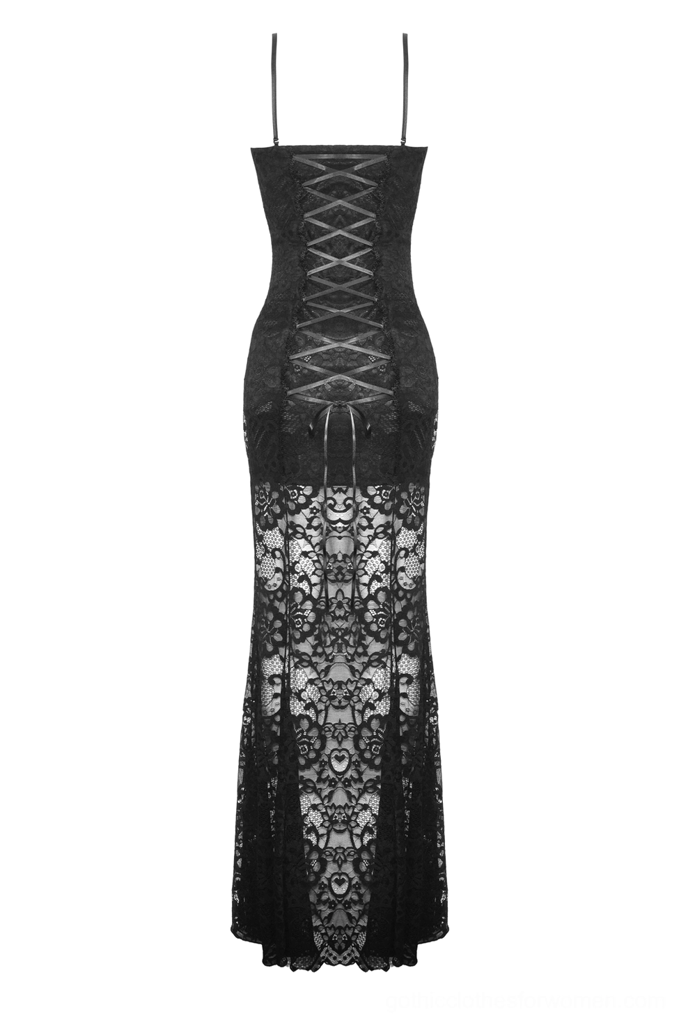 Black lace gothic maxi dress flat lay back view displaying ribbon lace-up back design