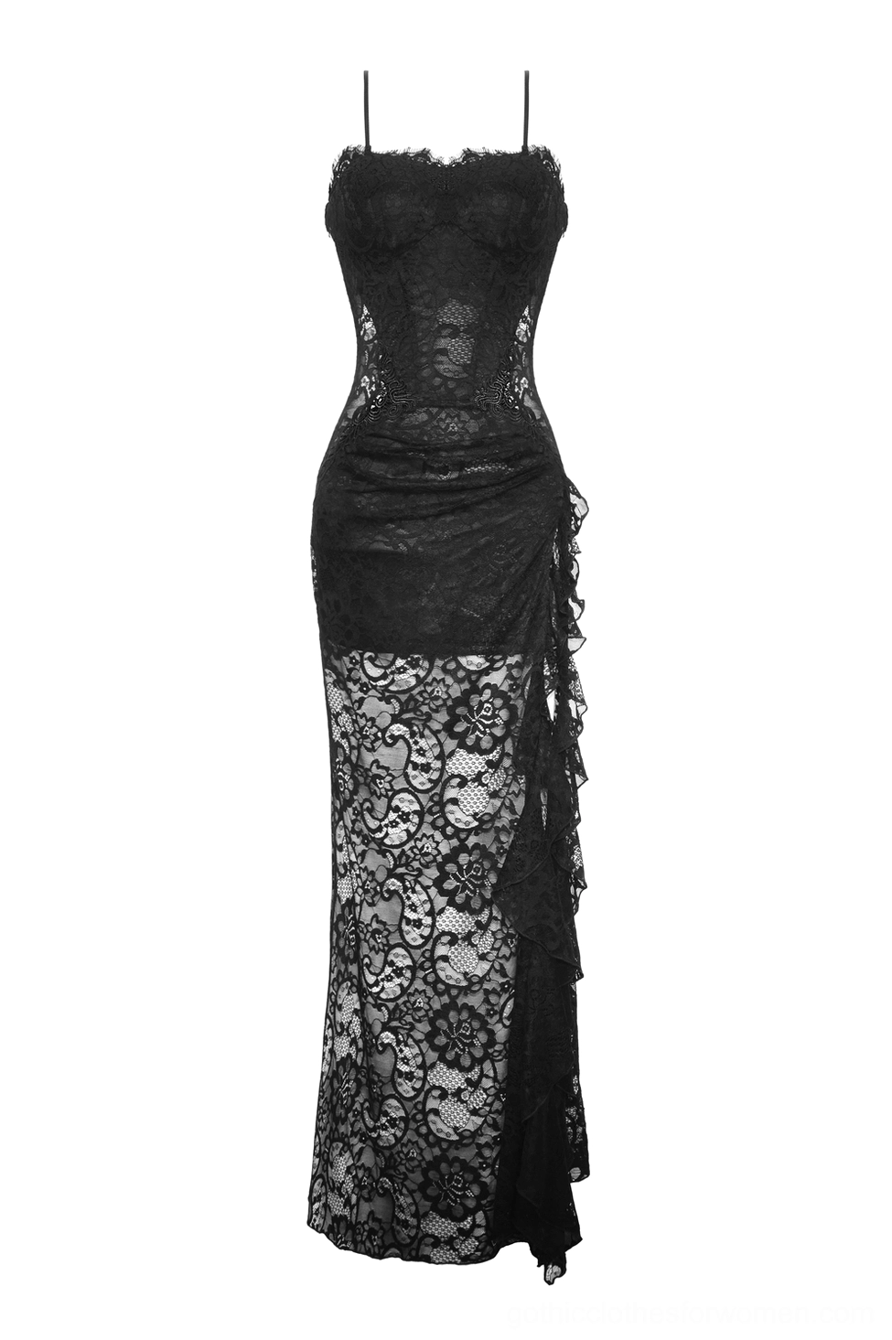 Black lace gothic maxi dress flat lay front view showing full silhouette and spaghetti straps