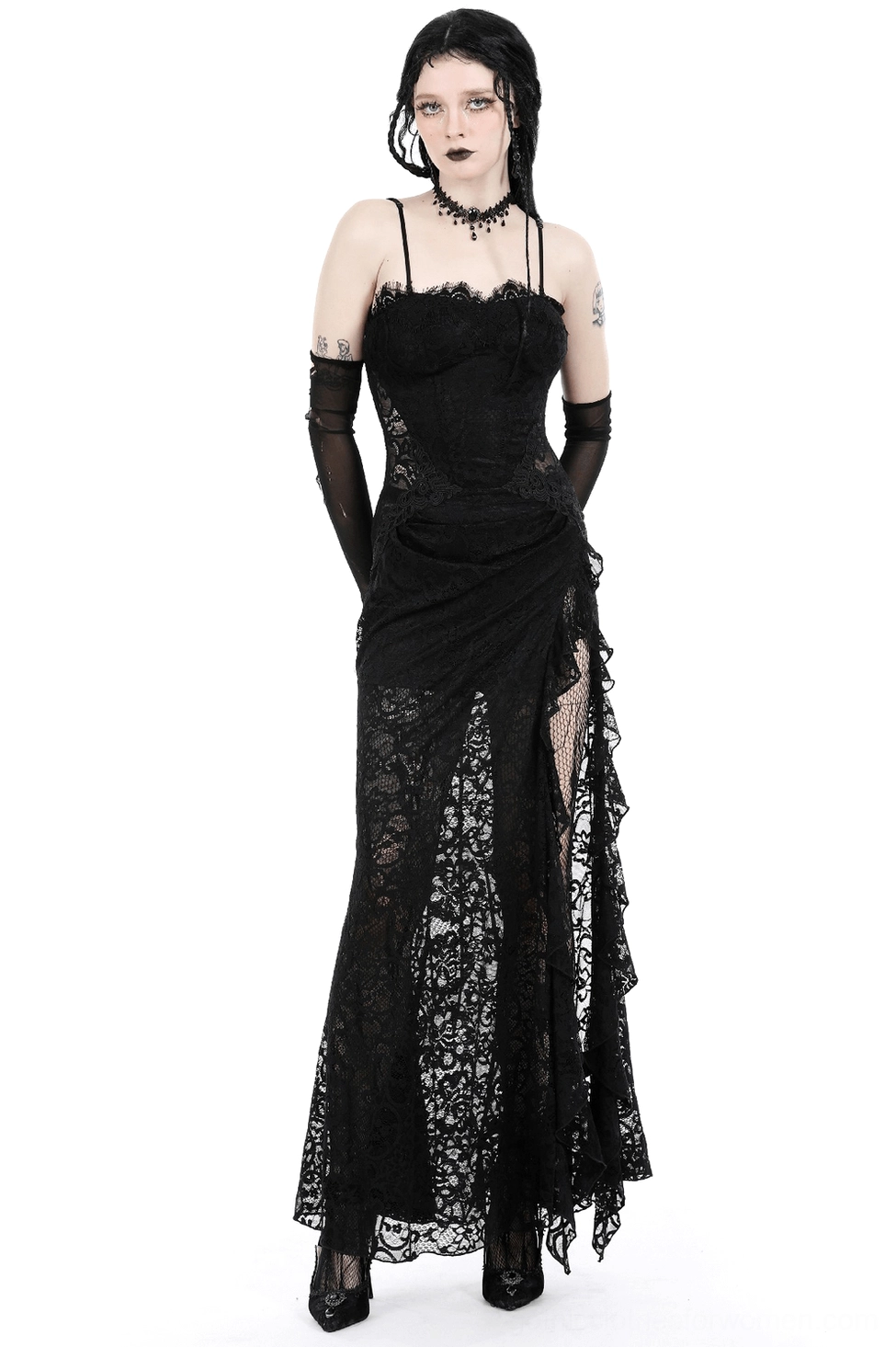 Black lace gothic maxi dress with side slit and sweetheart neckline worn by model, full front view