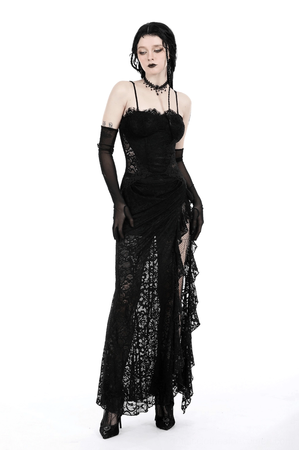 Black lace gothic maxi dress back view model showing corset design and dramatic drape