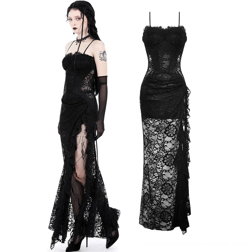 Black lace gothic maxi dress side view with dramatic slit, styled with long gloves