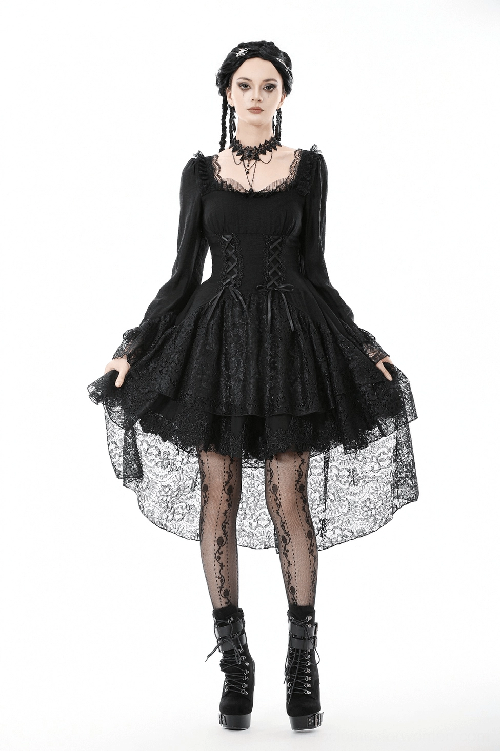 Black lace gothic medieval dress full body pose - alternative fashion dark romantic aesthetic