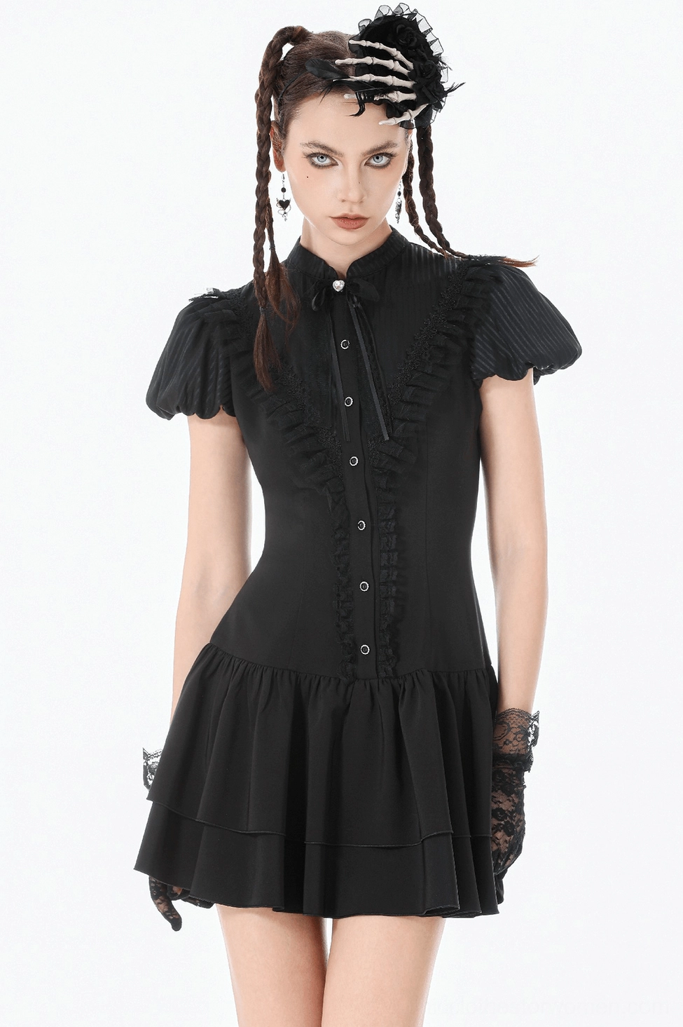 Black lace gothic mini dress featuring cascading ruffle layers, puff sleeves, and decorative bow detail for gothic fashion enthusiasts and alternative style seekers