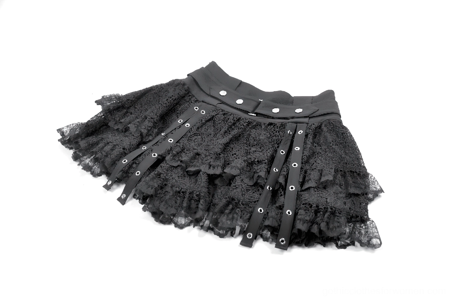 Black lace gothic mini skirt with metal eyelets - angled flat lay shot