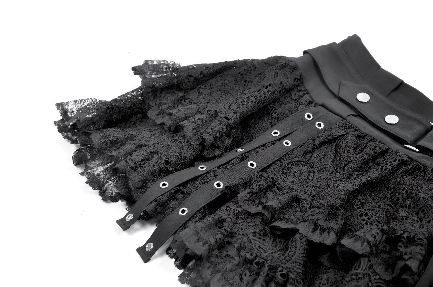 Black lace gothic mini skirt with ruffle layers - close-up texture and hardware detail