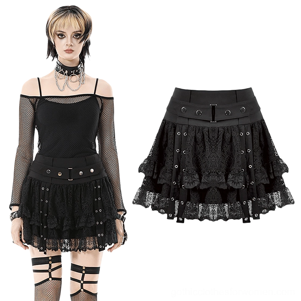 Black lace gothic mini skirt with buckle waist - flat lay and model wear comparison
