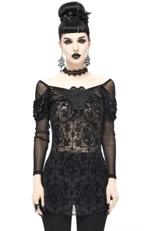 Women's black lace gothic off-shoulder top with floral embroidery and beaded collar detail, front view on model