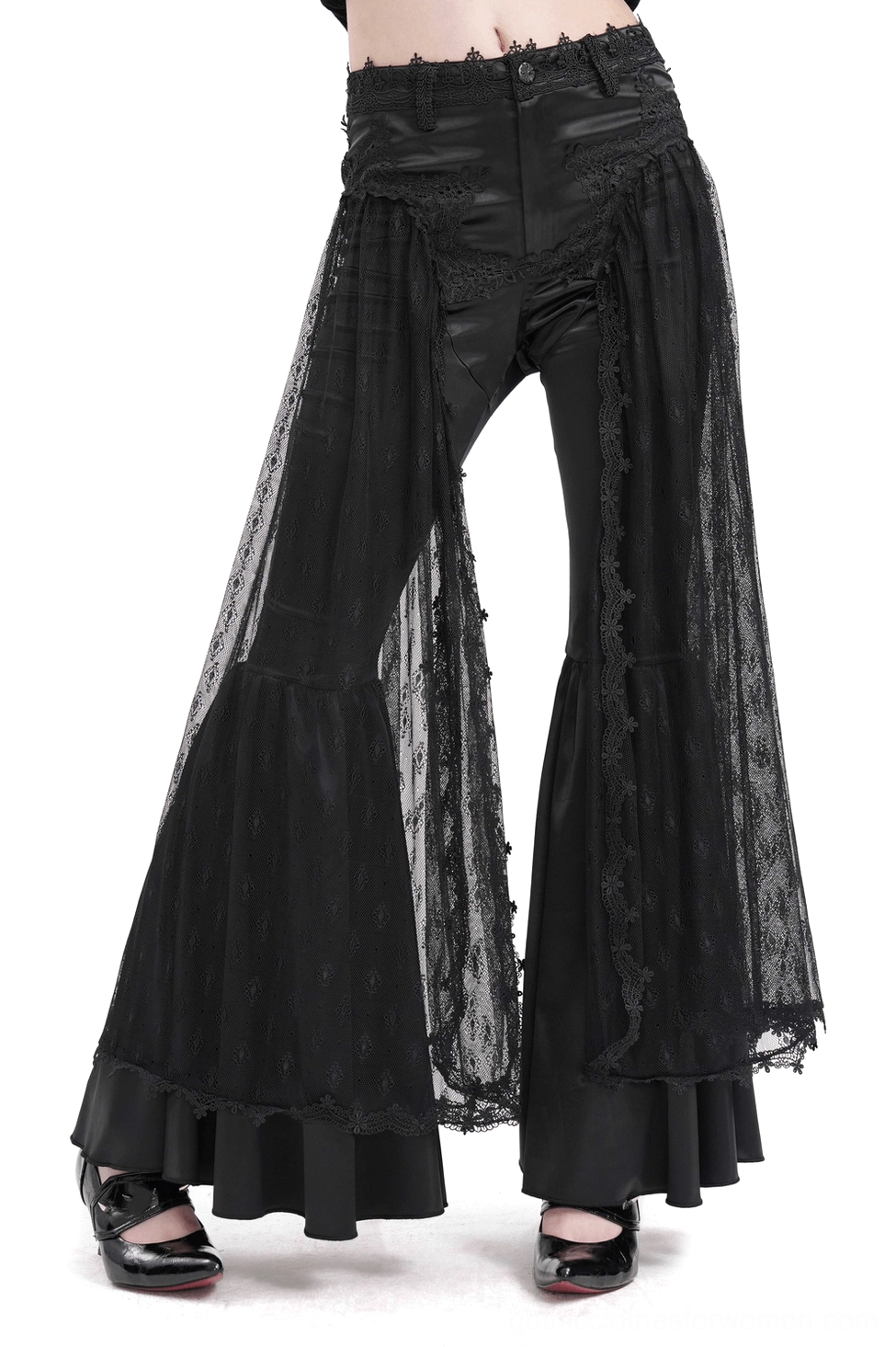 Black lace bell-bottom gothic pants with satin accents, front three-quarter view on female model showcasing dramatic flared silhouette