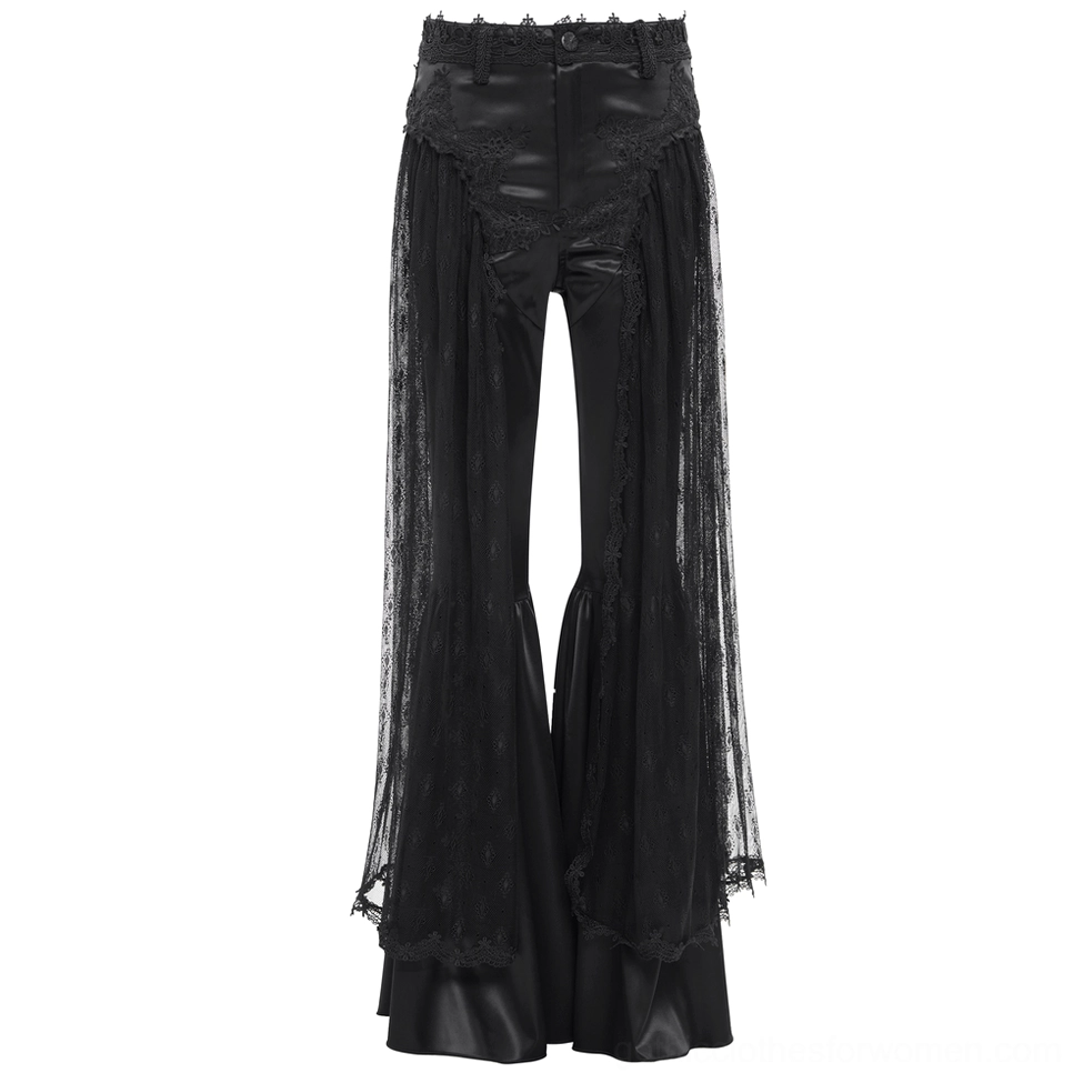 Black bell-bottom gothic pants flat lay front view showing intricate lace-trimmed mesh flared overlays and satin body