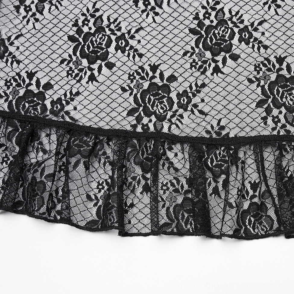 Black gothic lace shorts with ruffled hem - alternate angle showing lace overlay construction