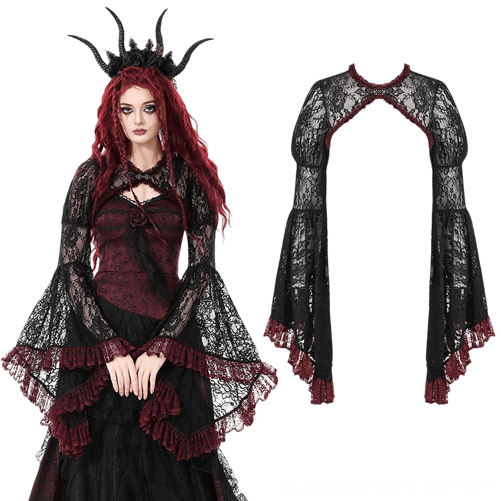 Black lace gothic shrug with wine-red ruffled edges displayed as flat lay and worn on model, front view