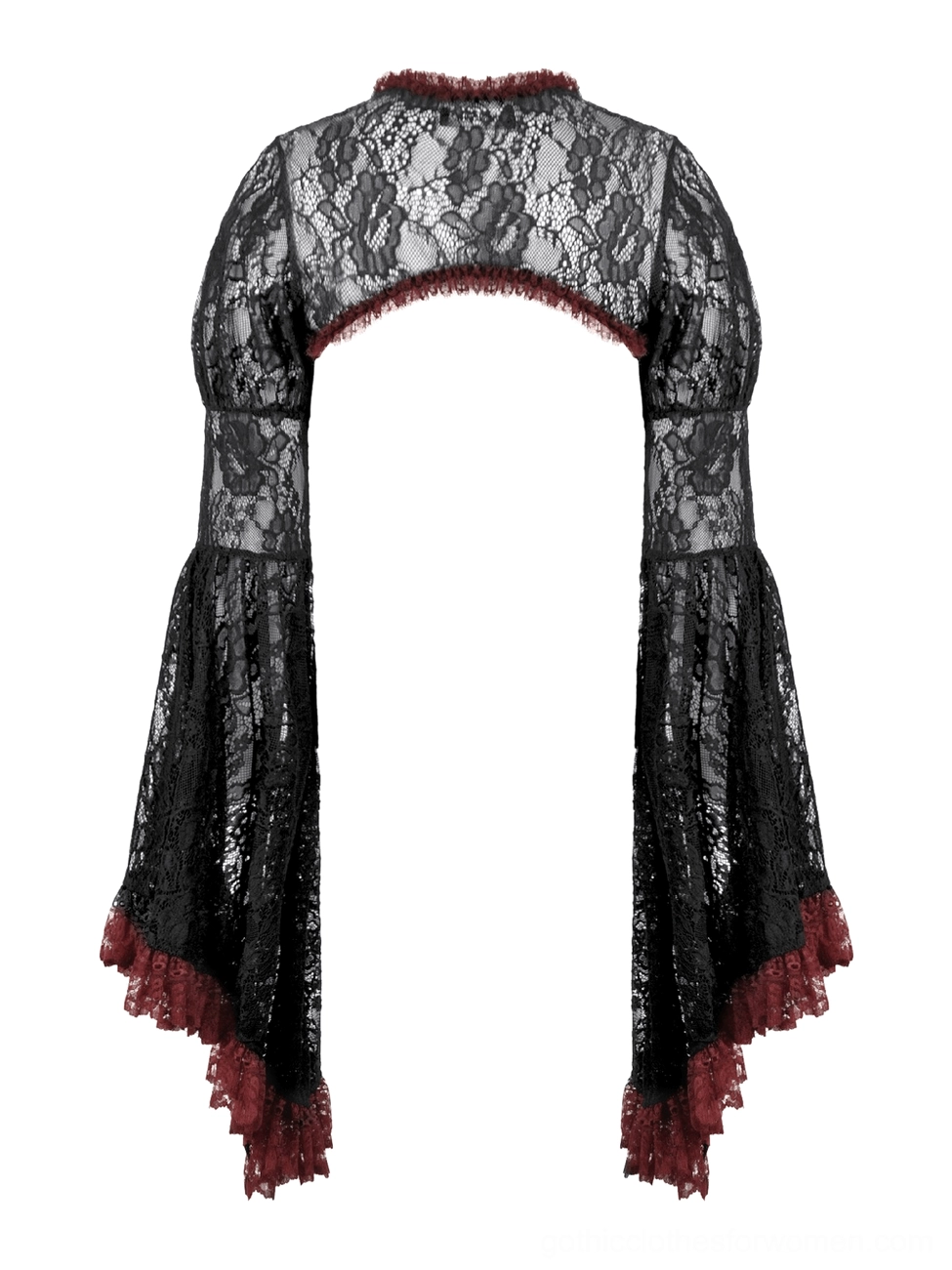 Black lace shrug back view flat lay, showing curved open front design and wine-red ruffled neckline trim