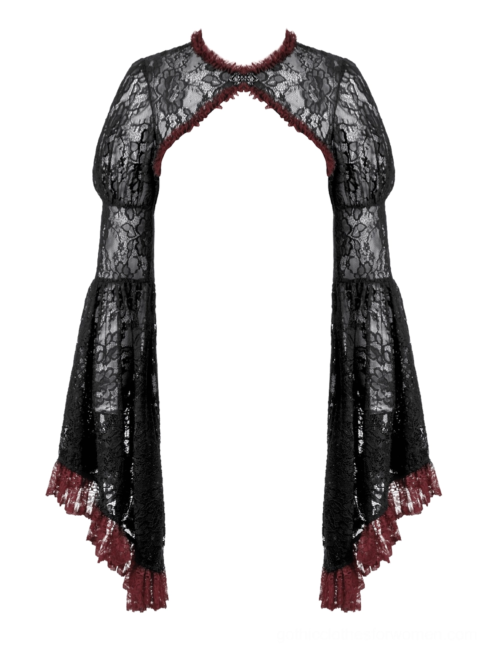 Black lace shrug with wine-red ruffled trim displayed in flat lay, front view showing floral lace pattern