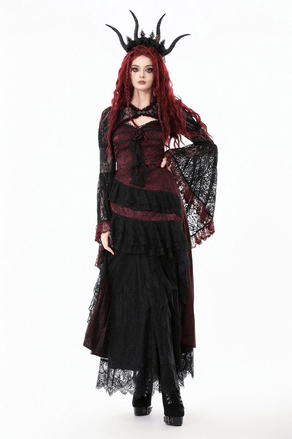 Black lace shrug with wine-red ruffles photographed against white background, product detail view