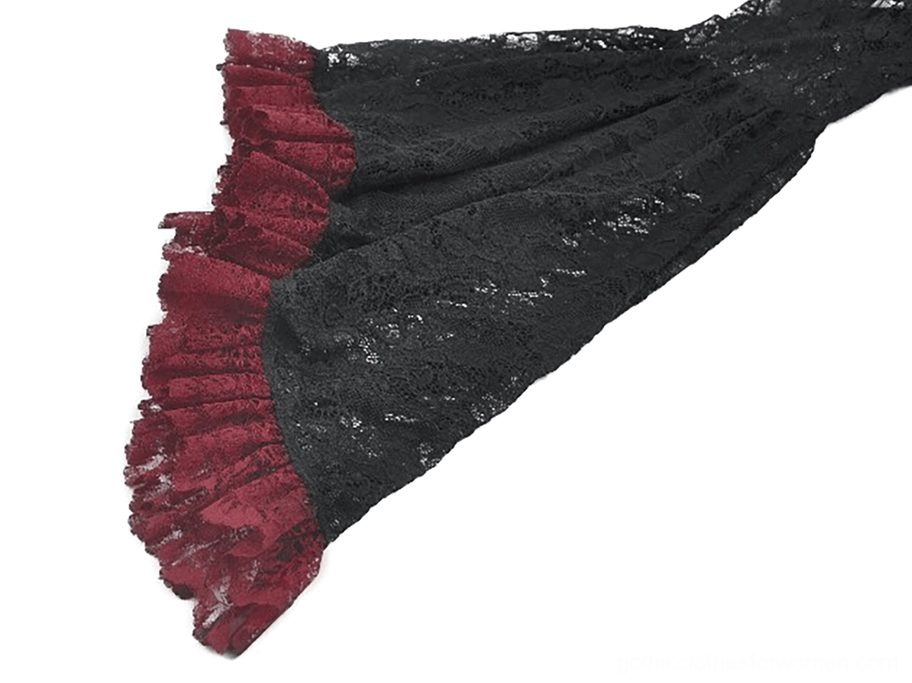 Close-up of wine-red ruffled bell sleeve cuff on black lace shrug, showing layered ruffle texture