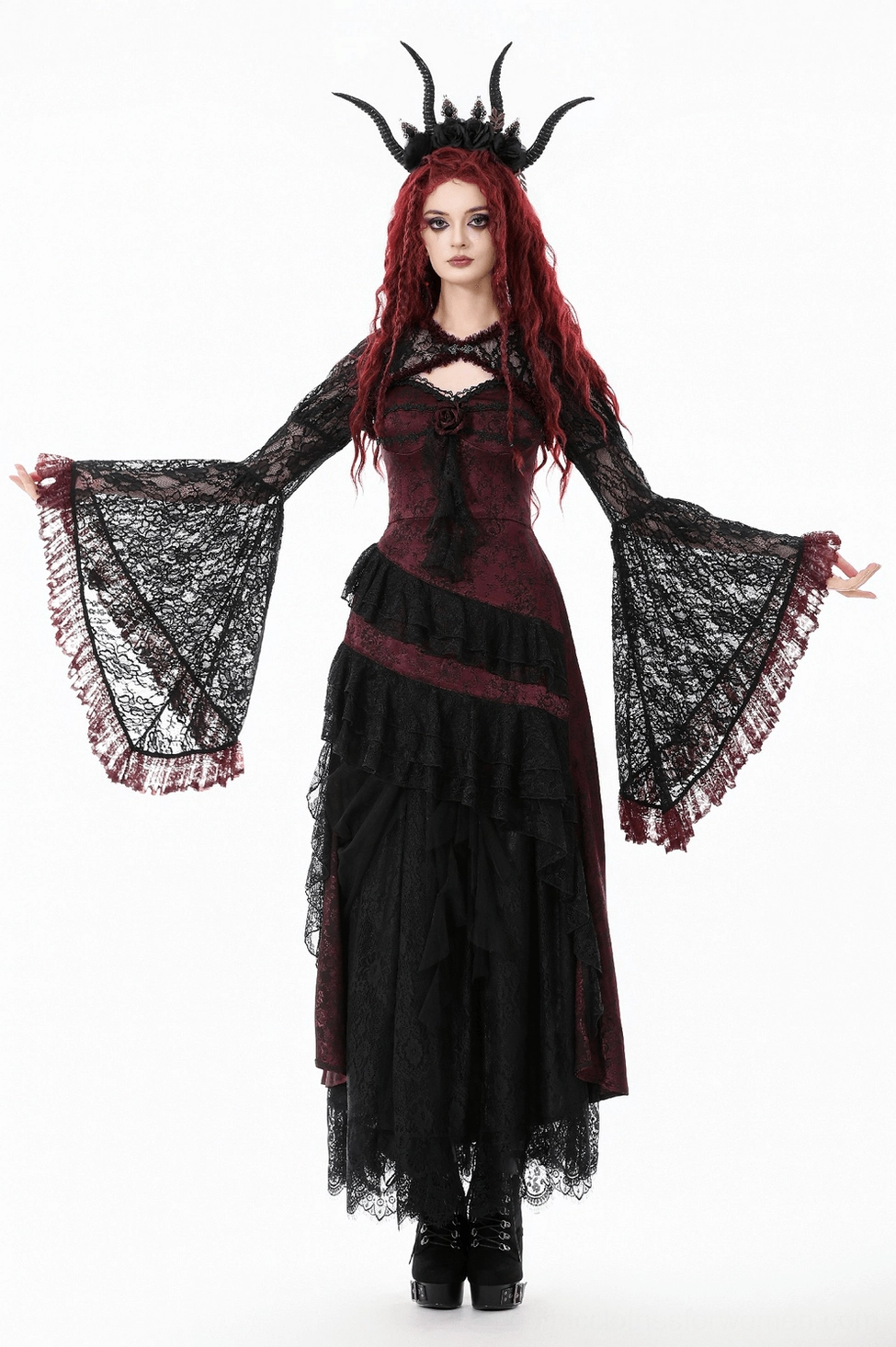 Black lace gothic shrug front and styling detail, emphasizing wine-red ruffles and sheer lace pattern