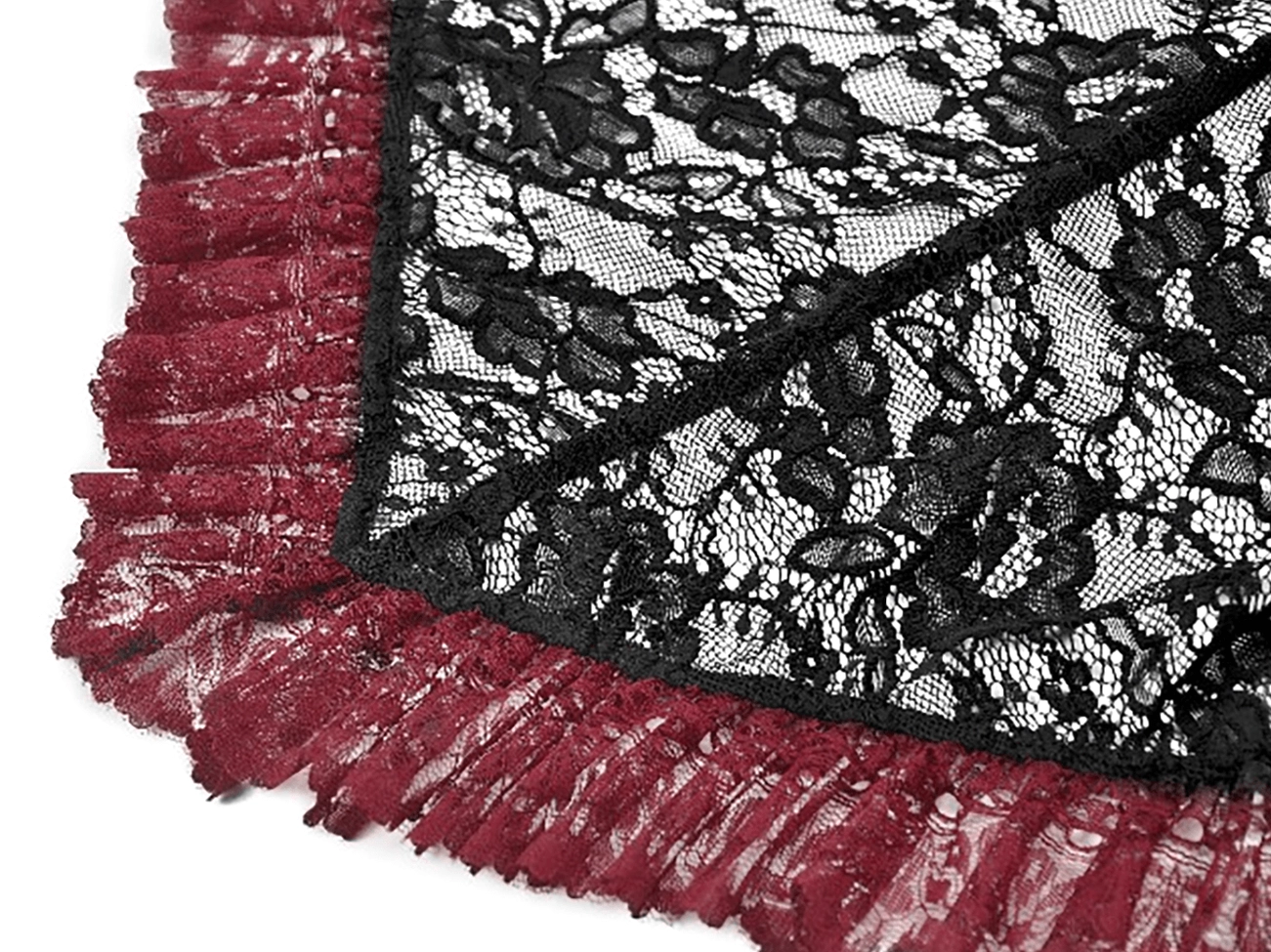 Side view detail of black lace gothic shrug showing bell sleeve shape and wine-red ruffle layering