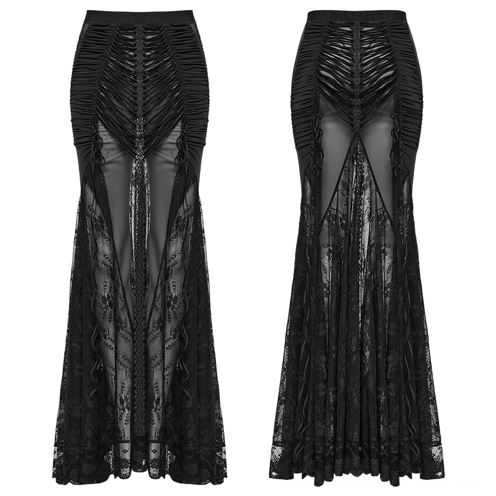 Black lace gothic maxi skirt with mermaid fishtail hem and ruched inserts, flat lay front view