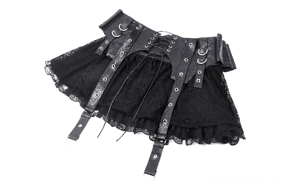 Black gothic lace skirt with faux leather corset detailing and metal accents, full length product showcase